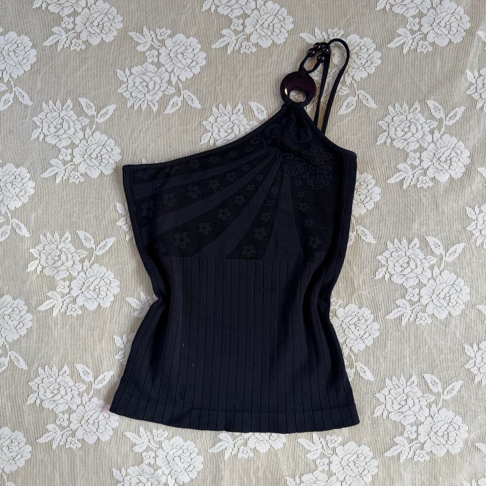 Vintage Knitro Black One Shoulder Floral Top Fits S